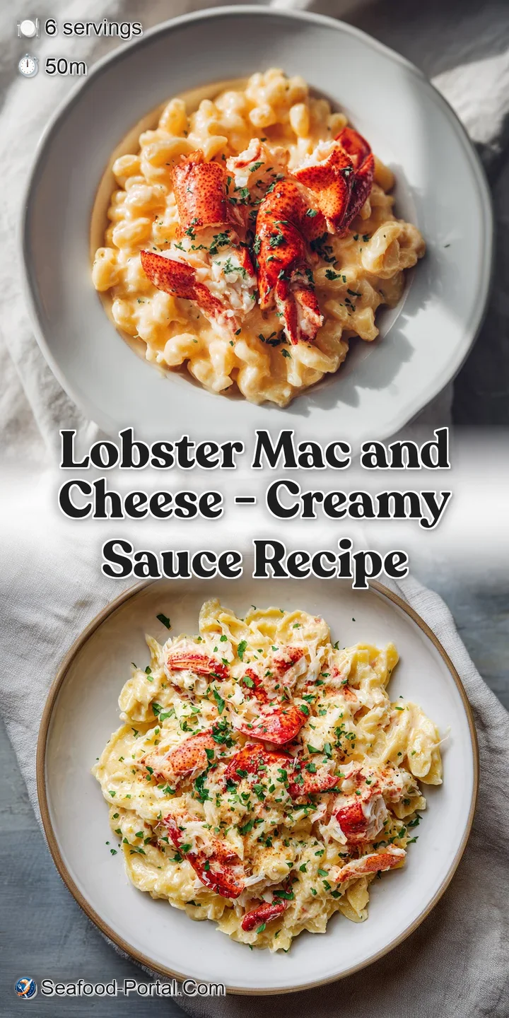 Close-up reveals the creamy, rich texture of lobster mac and cheese, with visible chunks of lobster and a golden, cheesy c...