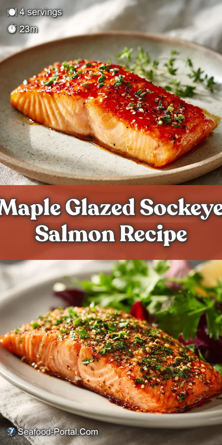 Close-up on glistening sockeye salmon, showcasing the rich red color and sticky glaze, alongside fresh herbs and a bright ...