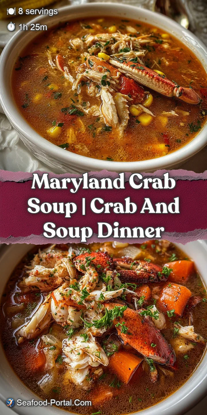 Close-up of Maryland crab soup, showing the rich texture of crab meat and vegetables in a flavorful, reddish-orange broth,...