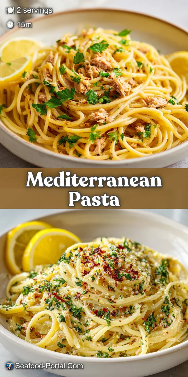 Close-up of a creamy tuna salad with visible flakes, fresh parsley, and a glossy lemon sauce, evoking a sense of light, ze...