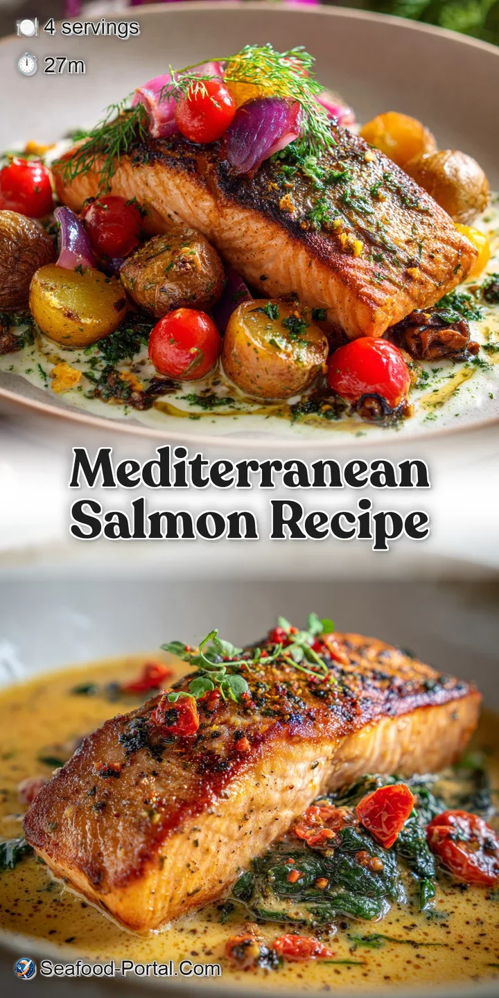 Close-up of tender salmon with vibrant red tomatoes and briny olives. Steam rises showing the freshly baked, flavorful Med...