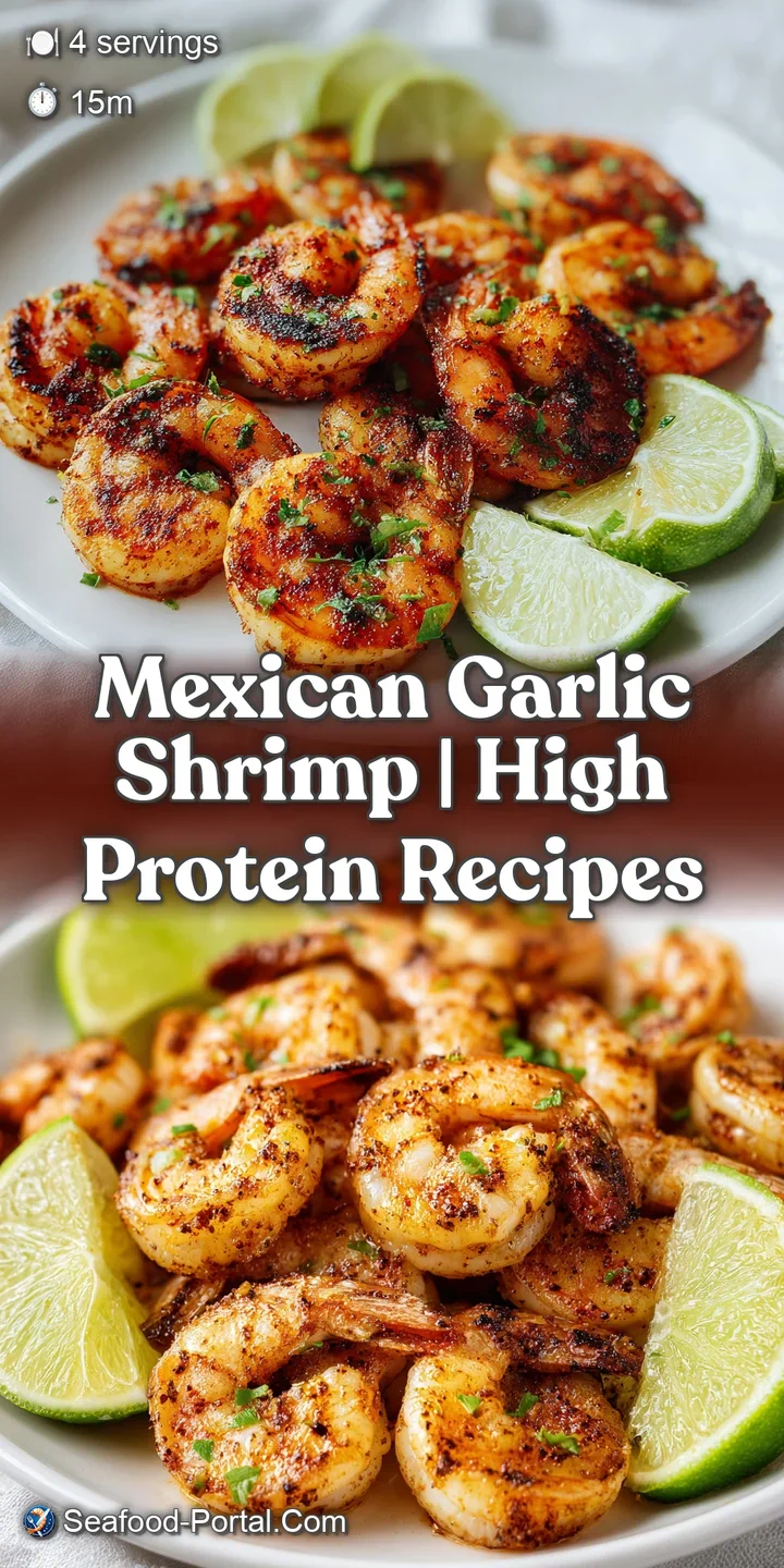 Extreme close-up of succulent shrimp with toasted golden garlic bits and a sprinkle of red chili flakes and lime.