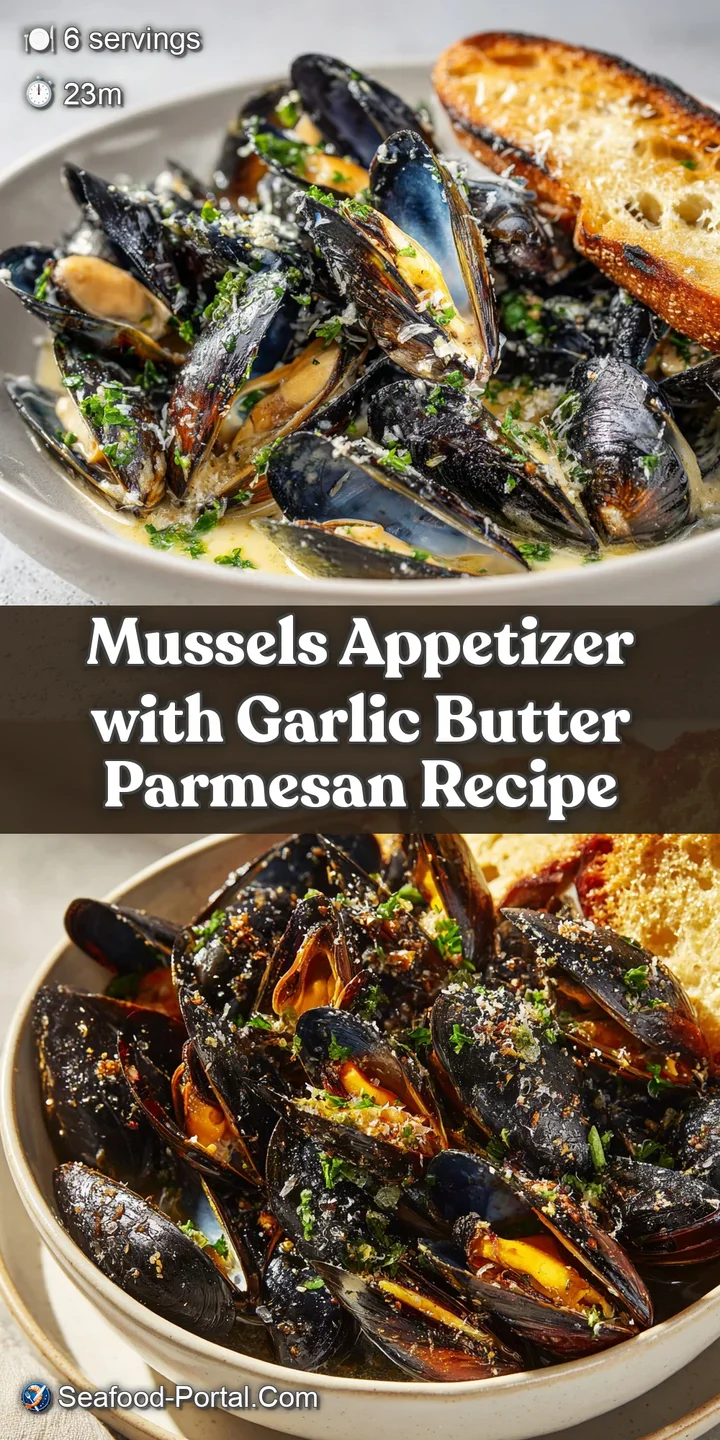 Close-up of succulent mussels in a bubbling, creamy garlic parmesan sauce, promising a rich and savory flavor experience.