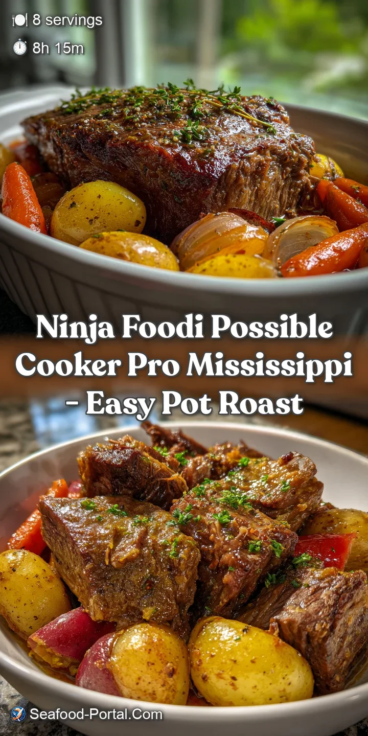 Close-up of fall-apart tender roast, showcasing a deep, mahogany color with visible flecks of herbs and spices, a truly mo...