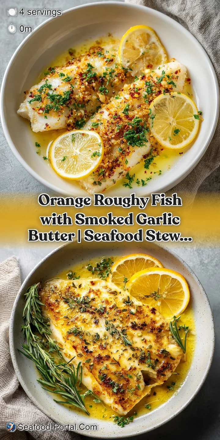 Close-up of tender white fish with crispy seared edges, coated in smoky, melted garlic butter.