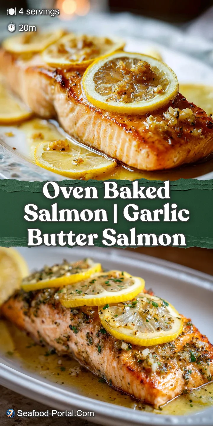 Macro shot of tender, moist salmon flakes topped with melted butter and minced garlic on a white ceramic platter.