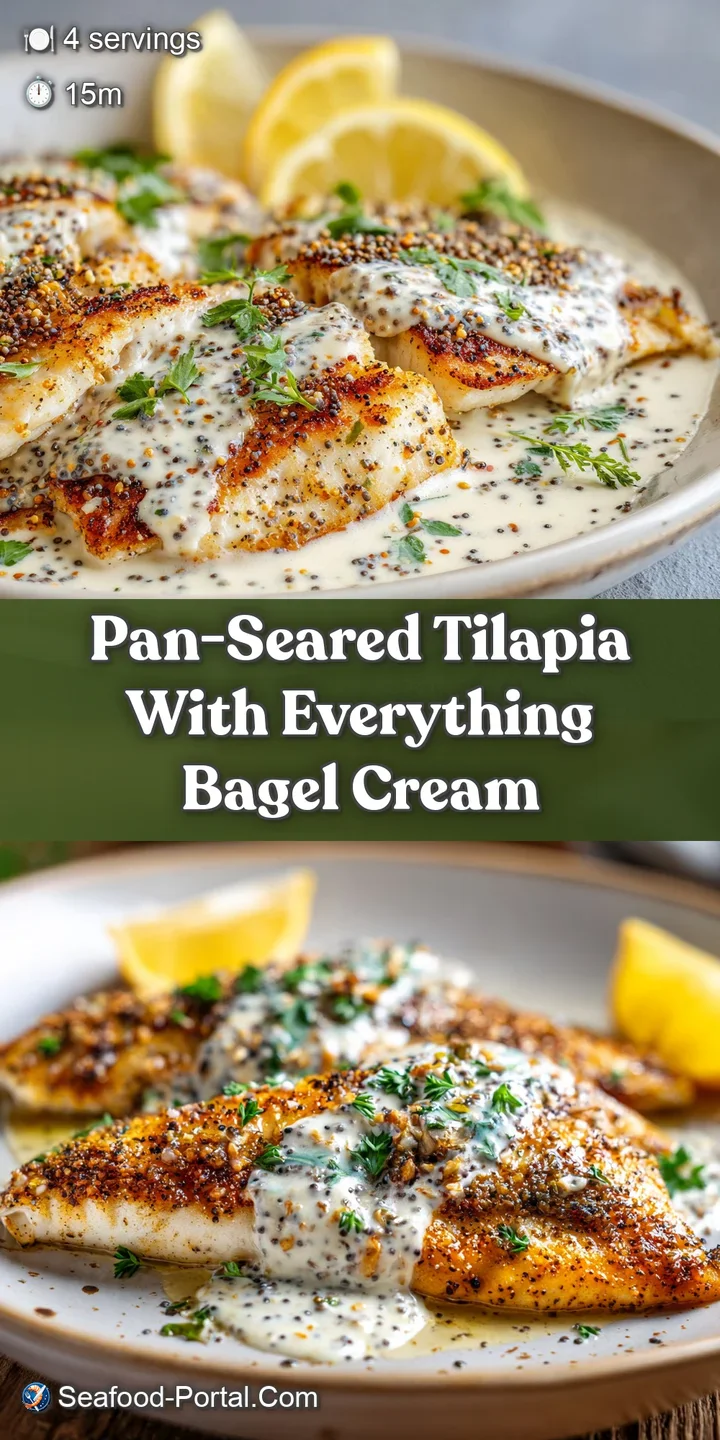 Close-up of tender, white fish bathed in a luscious, cream-colored sauce with savory seed sprinkles. Irresistibly deliciou...