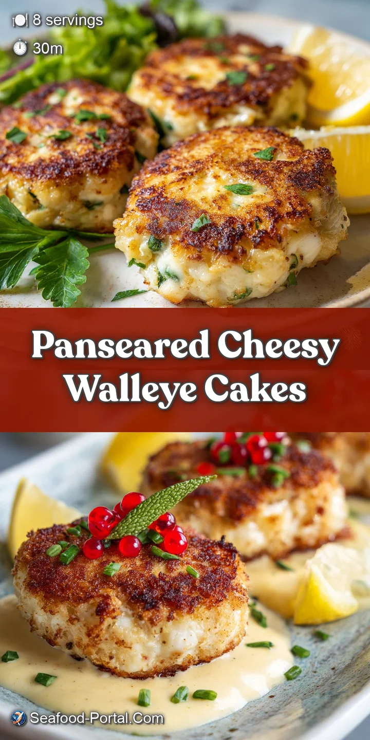 Close-up shot of crispy walleye cakes reveals melted cheese and golden-brown crust. The texture looks irresistible and fla...