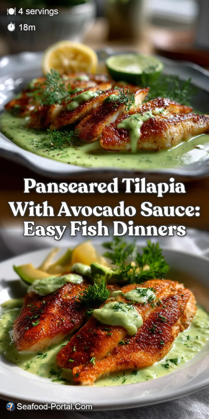 Close-up of a tender tilapia fillet, showcasing a light golden crust. The creamy avocado sauce pools beneath, hinting at a...