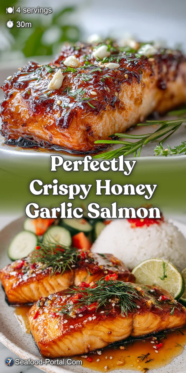 Close-up: glistening honey-garlic salmon revealing its flaky interior. Toasted sesame seeds & chopped scallions add appeti...