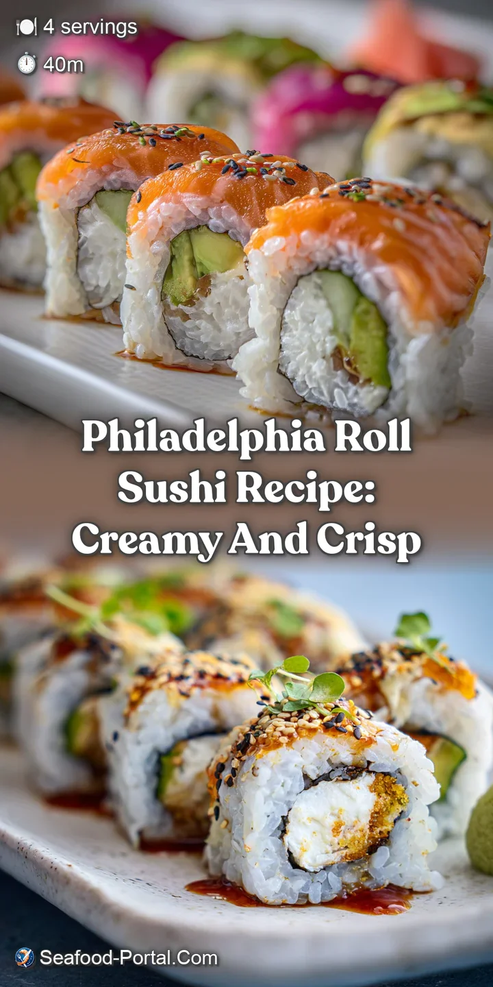 Close-up of Philadelphia roll sushi: glistening salmon, pearly rice, and a rich cream cheese swirl are all visible.