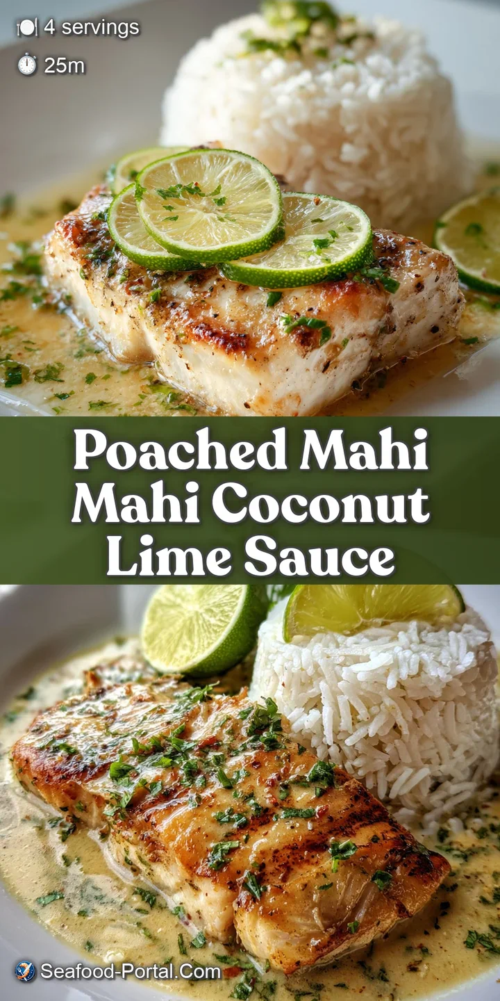 Close-up showcases the tender texture of the poached mahi-mahi. Luscious sauce coats the fish, promising zesty, tropical f...