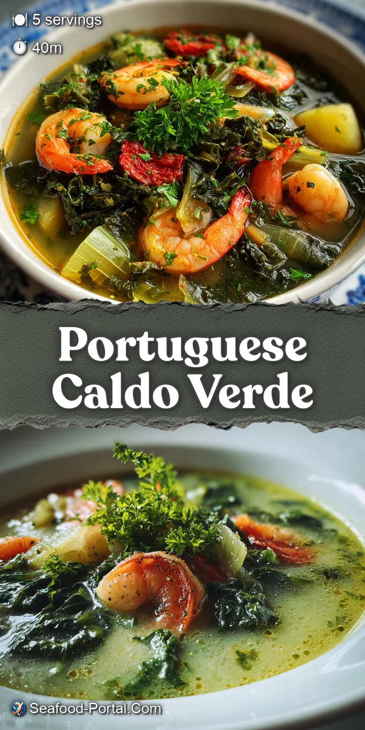 Close-up of a spoonful of Caldo Verde, showing shredded greens, tender potatoes, and flavorful chouri&ccedil;o sausage.