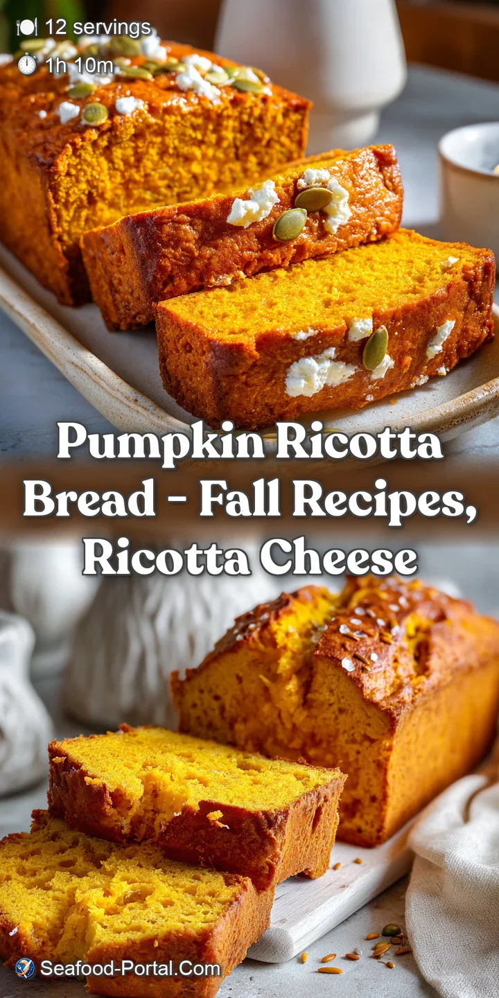 Close-up of moist pumpkin bread, highlighting the tender crumb and hints of orange, flecked with ricotta, implying a rich ...