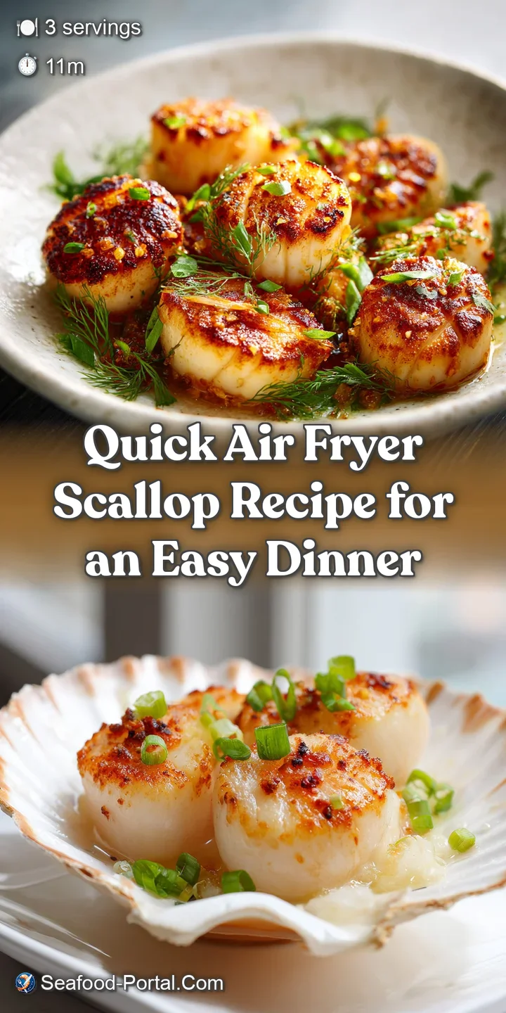 Close-up of golden-brown air fryer scallops with visible sear marks. The juicy texture and slightly caramelized edges look...