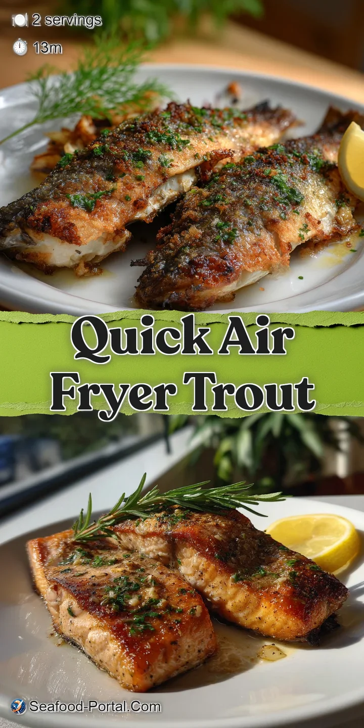 Close-up of air-fried trout skin: golden, blistered, and glistening with oil. Sprigs of bright green dill and lemon slices...