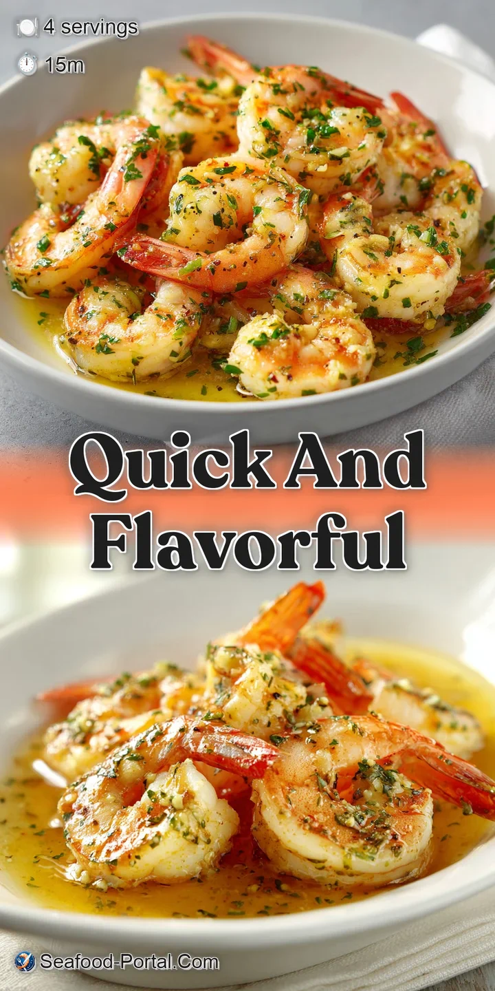 Up-close view of succulent shrimp coated in a buttery garlic sauce, flecked with bright green parsley and aromatic garlic ...