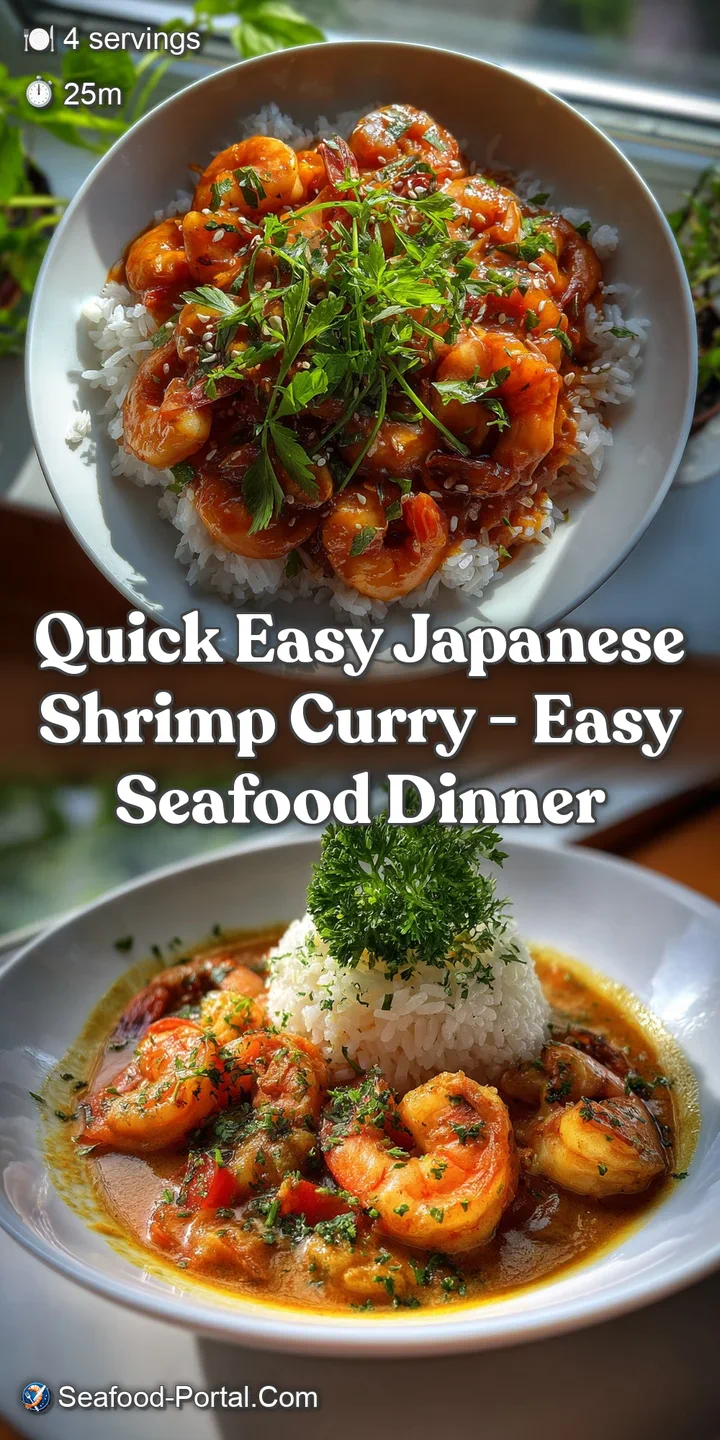 Close-up view of glistening shrimp in rich, yellow curry. Tender textures contrast with vibrant green scallions, creating ...