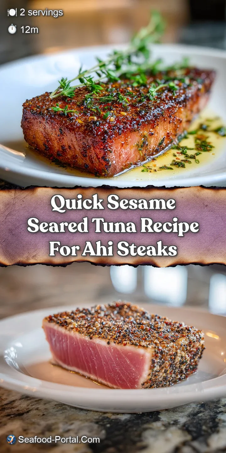 Close-up of seared tuna, the sesame crust a toasty brown against the rich, raw red interior; glistening sauce, inviting an...