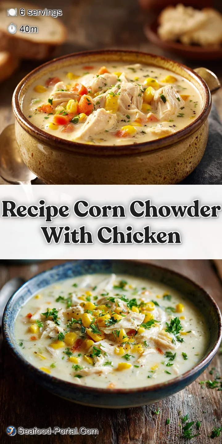 Appetizing close-up of golden corn chowder. Steam rises, hinting at a warm, comforting dish with bits of chicken and herbs.