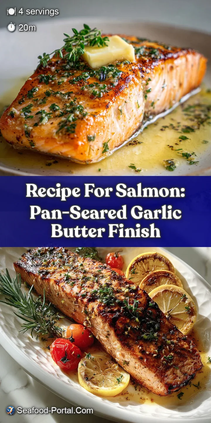 Close-up of tender, moist salmon with crispy browned edges. Garlic butter pools invitingly. Herbs scattered on top add fre...