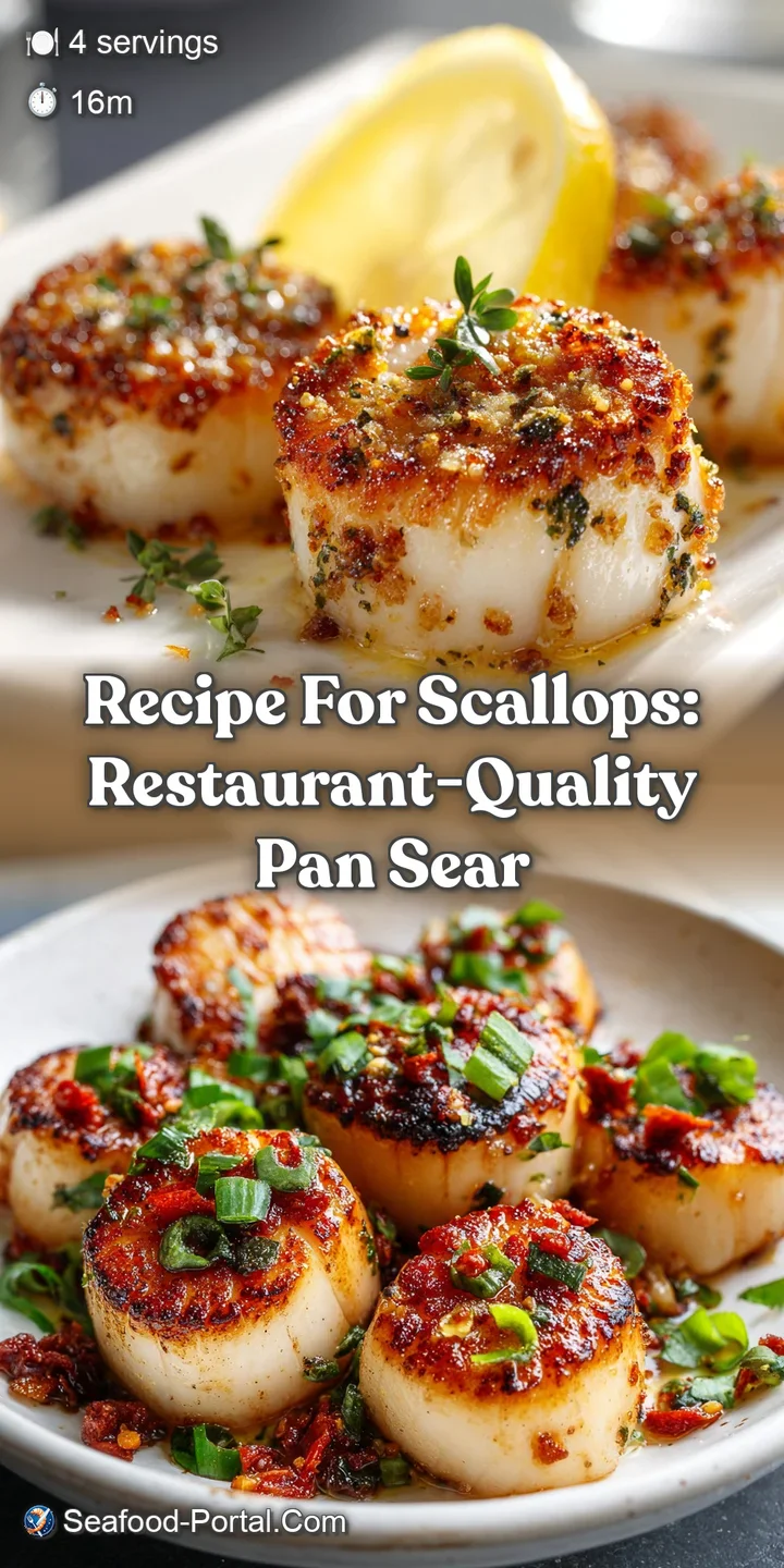 Close-up of a plump, caramelized scallop with a tender, opaque center. Glistening with butter and herbs, a delightful text...