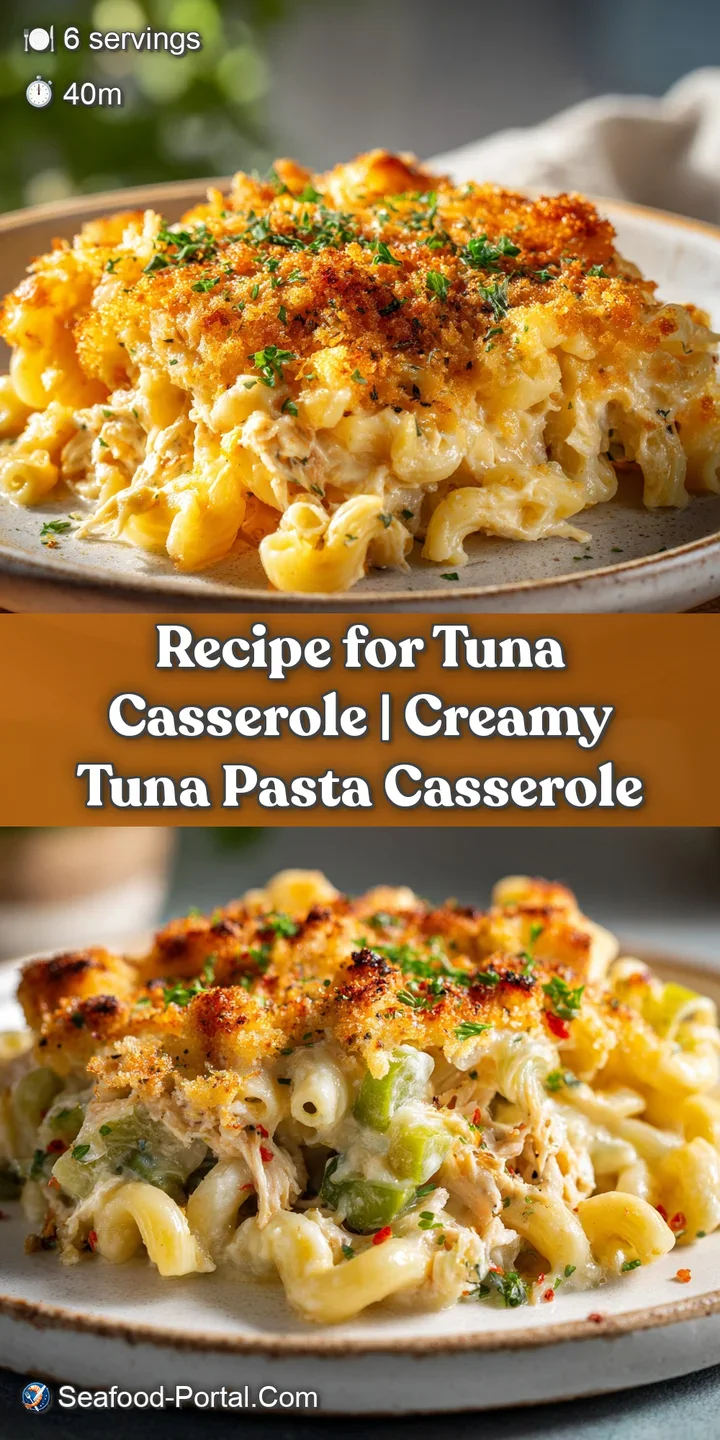 Close-up of a creamy tuna casserole; tender noodles, flaky tuna, and golden-brown onion topping create an irresistible tex...