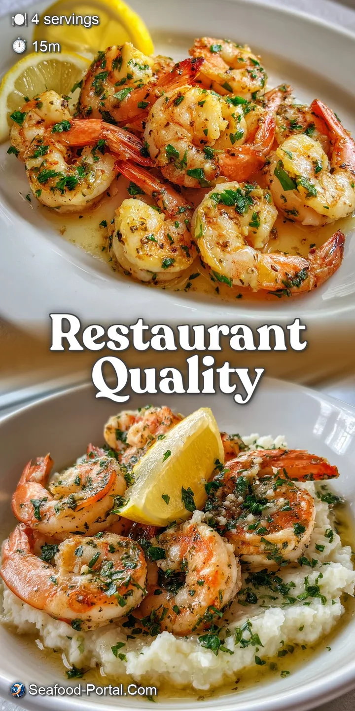 Close-up capturing the glistening, translucent shrimp and vibrant vegetables, garlic cloves, infused with lemon and herb b...