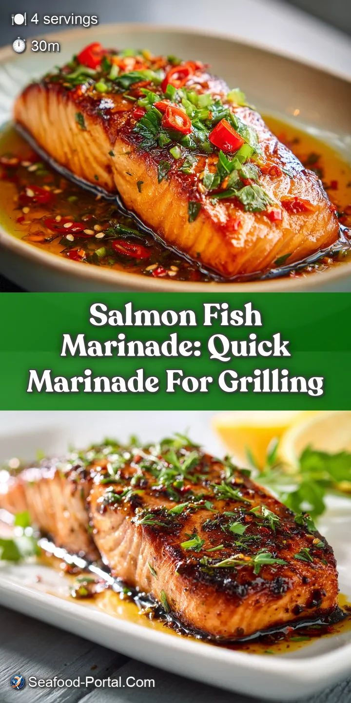 Close-up of salmon; marinade glistens on its surface, flecks of herbs and spices add texture. Succulent and ready to eat.