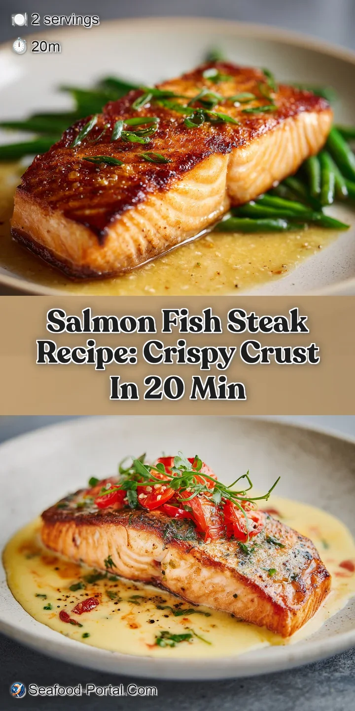 Close-up of a juicy salmon steak showing its browned crust and delicate pink interior, hinting at a rich and savory flavor.