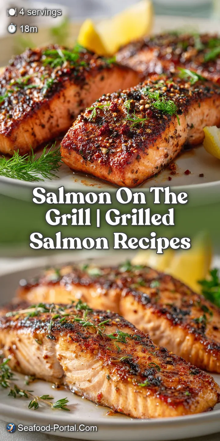 Close-up captures moist, tender grilled salmon with slightly charred edges, glistening with oil, hints of herbs, and flaky...