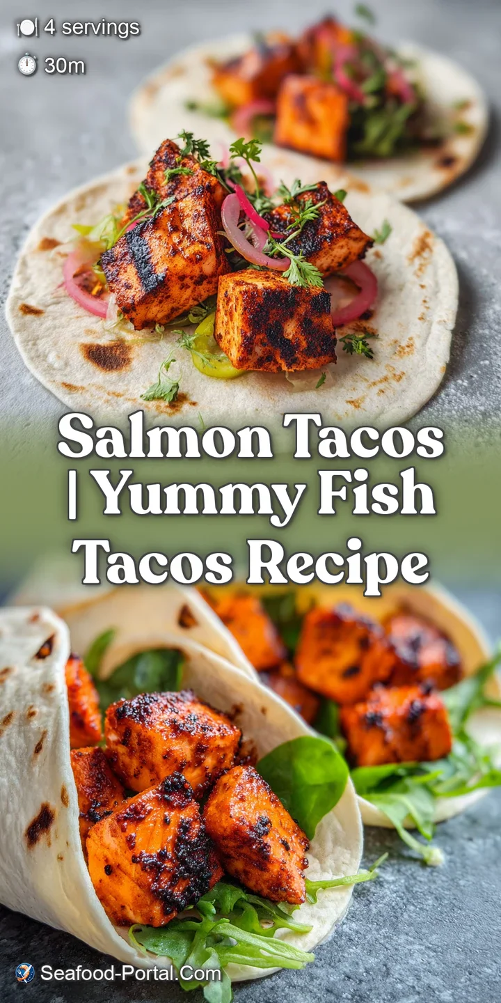 Close-up of flaky pink salmon and crisp slaw topped with a swirl of white crema in a toasted corn tortilla.