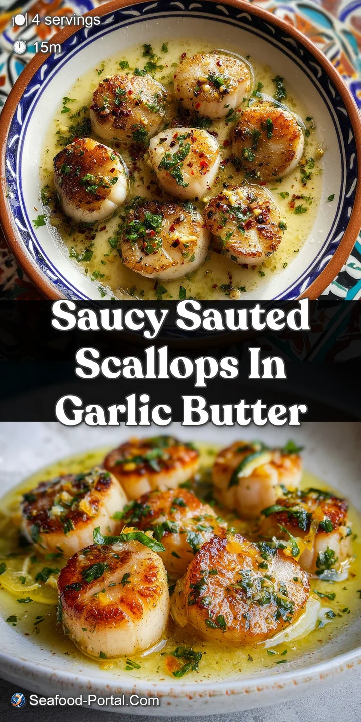 Buttery scallops, golden brown and succulent, glistening with garlic butter and herbs in a mouthwatering, close-up detail ...
