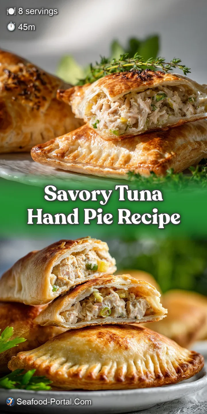 Close-up of a golden-brown tuna hand pie. Crispy, flaky crust with visible layers and a hint of a savory filling peeking t...