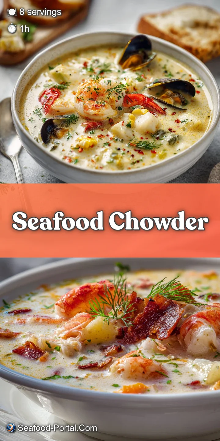 Close-up of rich, creamy seafood chowder. Tender shrimp and scallop pieces peek out from the velvety broth, inviting and w...