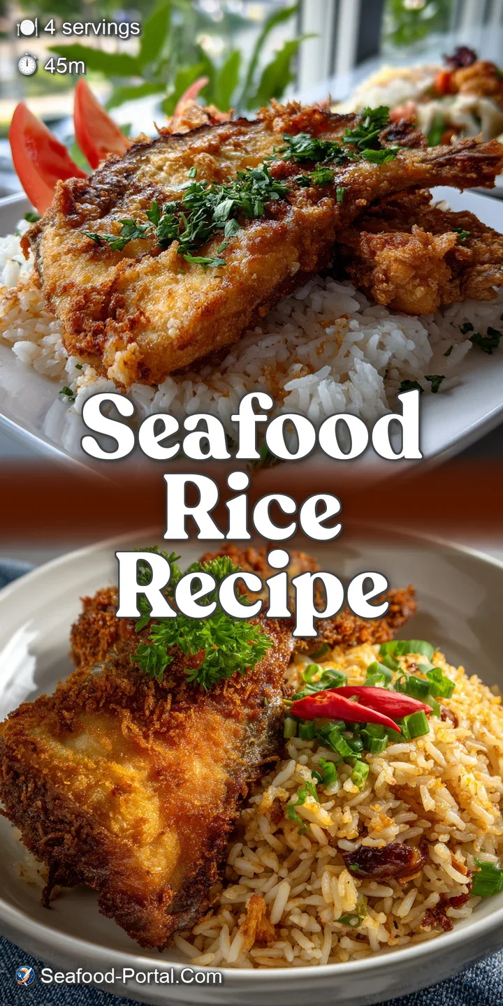 Close-up shot of golden-brown, crispy fish skin, contrasted by the tender, white flakes inside, with fluffy rice visible b...