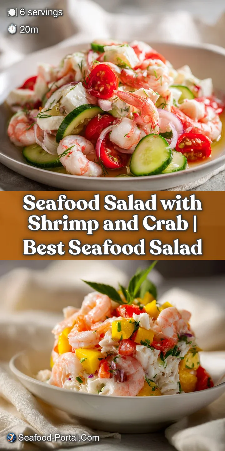 Close-up of succulent shrimp and tender crab meat, mixed with colorful chopped vegetables, lightly coated in dressing.