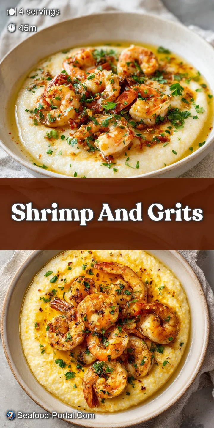 Close-up captures the textures: tender shrimp nestled in cheesy grits, glistening with a rich, fragrant garlic butter sauce.