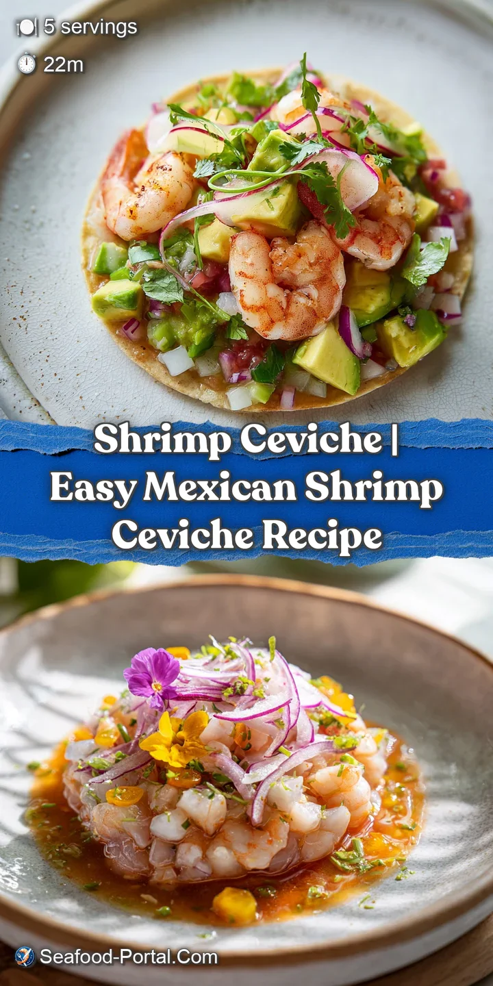 Juicy pink shrimp mingled with crisp red onion, creamy avocado, and bright green cilantro, glistening with lime juice.