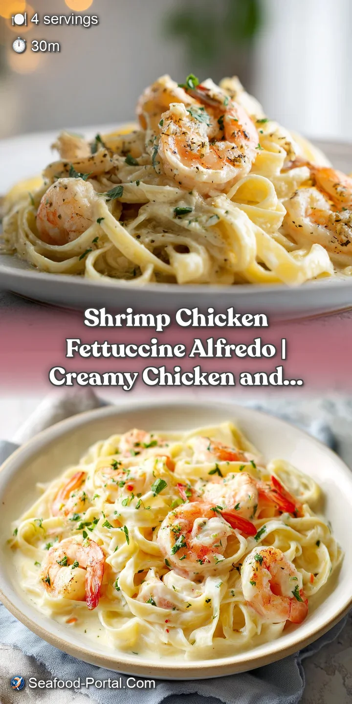 Close-up of rich, creamy fettuccine bathed in Alfredo sauce, with succulent shrimp and chicken.
