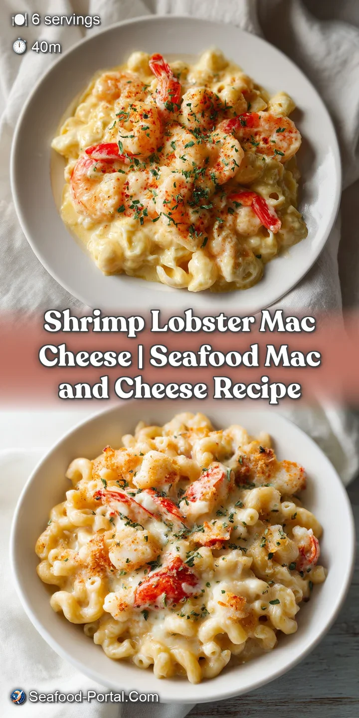 Close-up of rich, creamy mac and cheese with plump shrimp and delicate lobster pieces, bubbling hot.