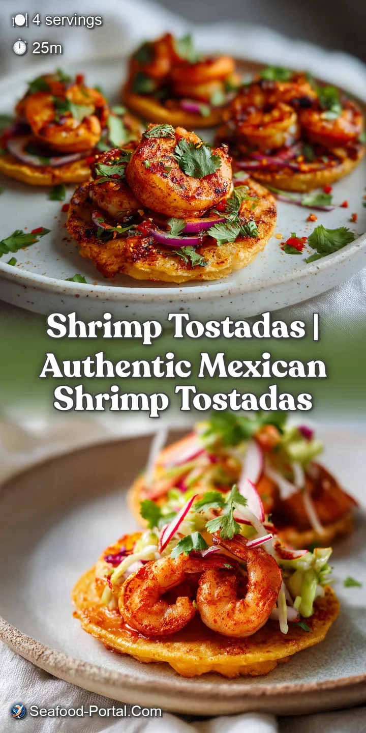 Macro shot of succulent pink shrimp and creamy avocado atop a crunchy golden tortilla with a drip of zesty sauce.