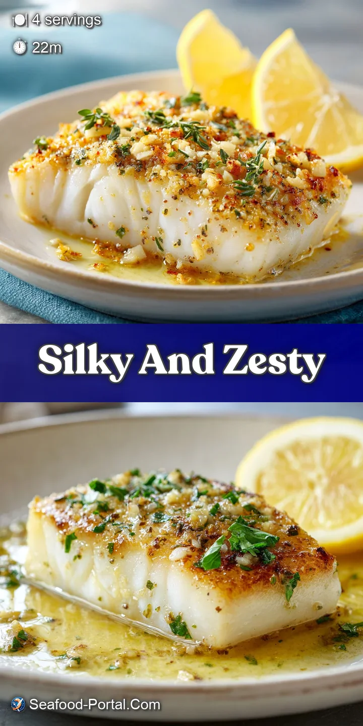 Close-up of tender, white halibut, glistening with a buttery lemon-garlic sauce, hinting at a rich and savory flavor.