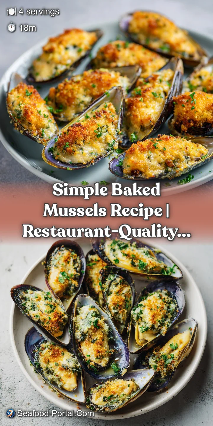 Close-up of a plump, juicy baked mussel, bubbling slightly, golden and inviting, with vibrant green herbs sprinkled on top.