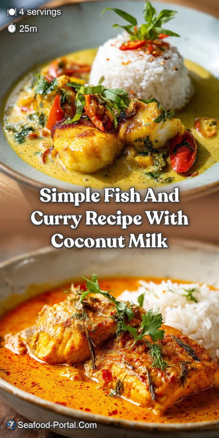 Close-up of creamy coconut curry with chunks of tender fish, highlighting the rich texture and colorful spices.
