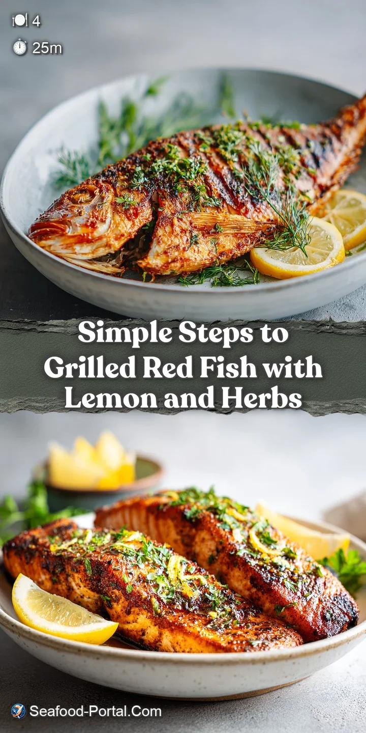 Close-up shows flaky, tender grilled redfish with browned edges, glistening with oil and speckled with fresh herbs.