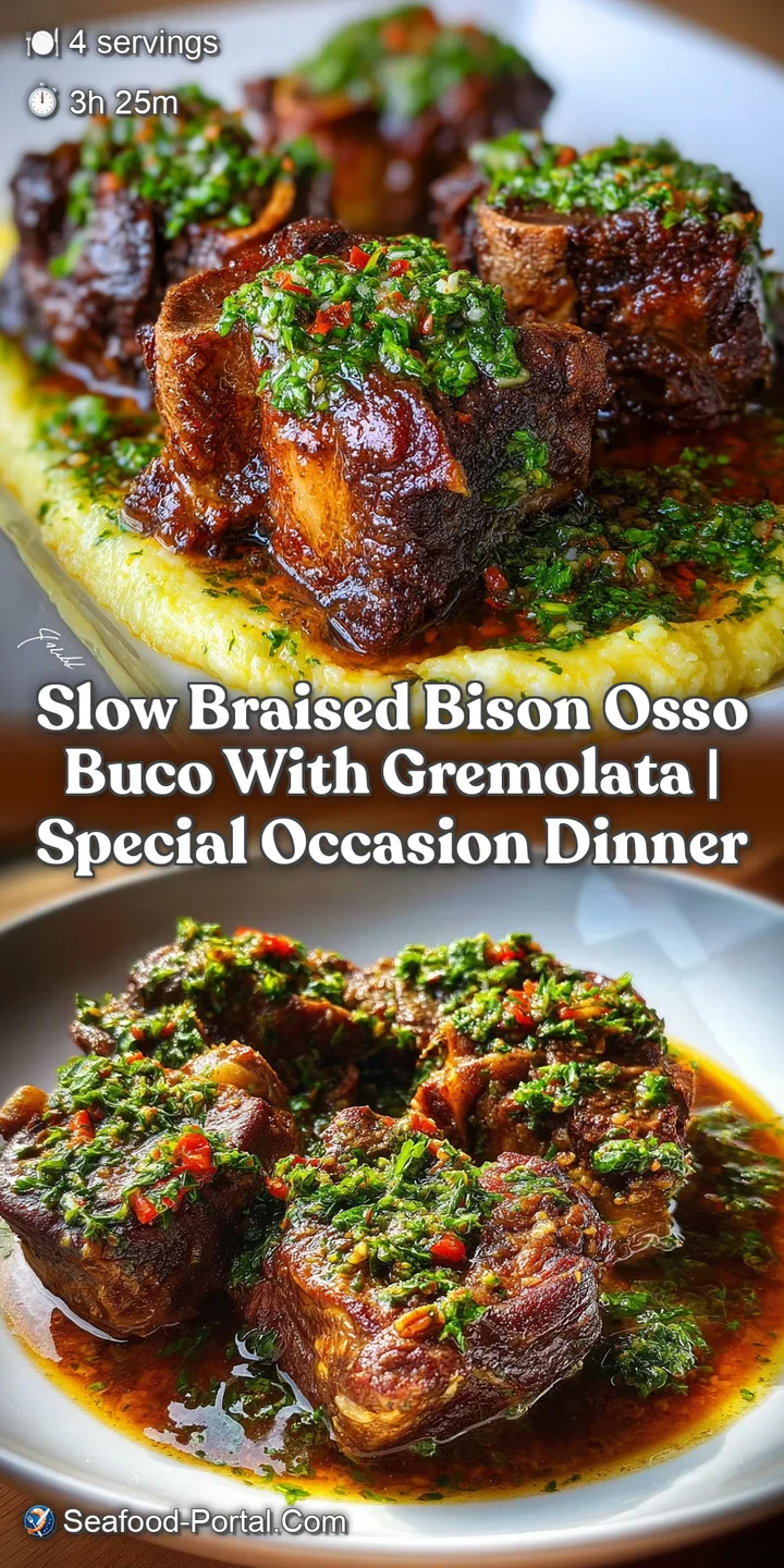 Close-up of succulent bison meat, meltingly tender, with visible fibers and a deep, glossy braising sauce. Sprinkled with ...