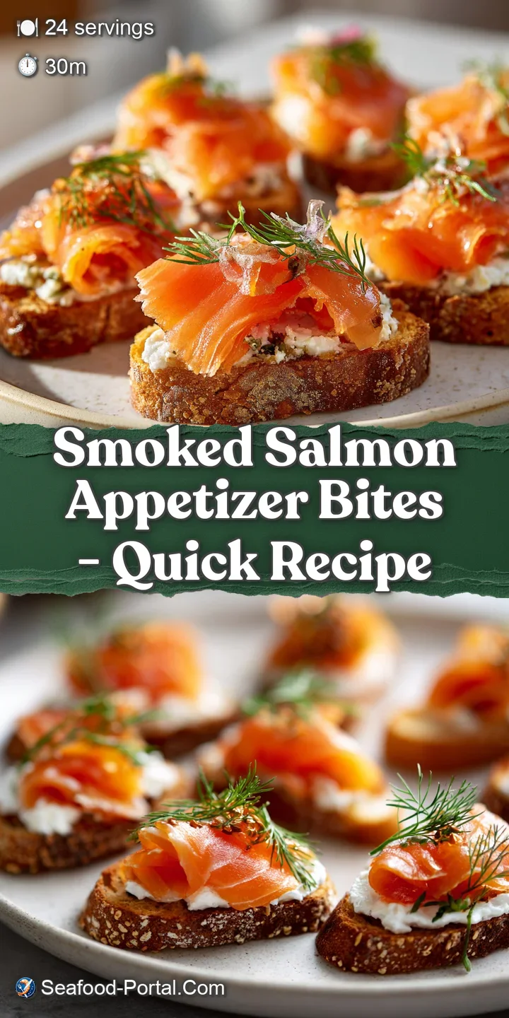 Close-up of a smoked salmon bite; the pink salmon, creamy white cheese, and fresh green dill create an appetizing textural...