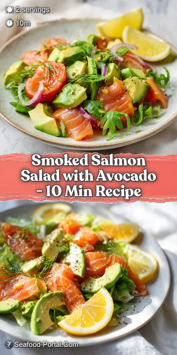 Appetizing close-up of smoked salmon salad, highlighting the salmon's texture and the fresh, contrasting colors of the ing...