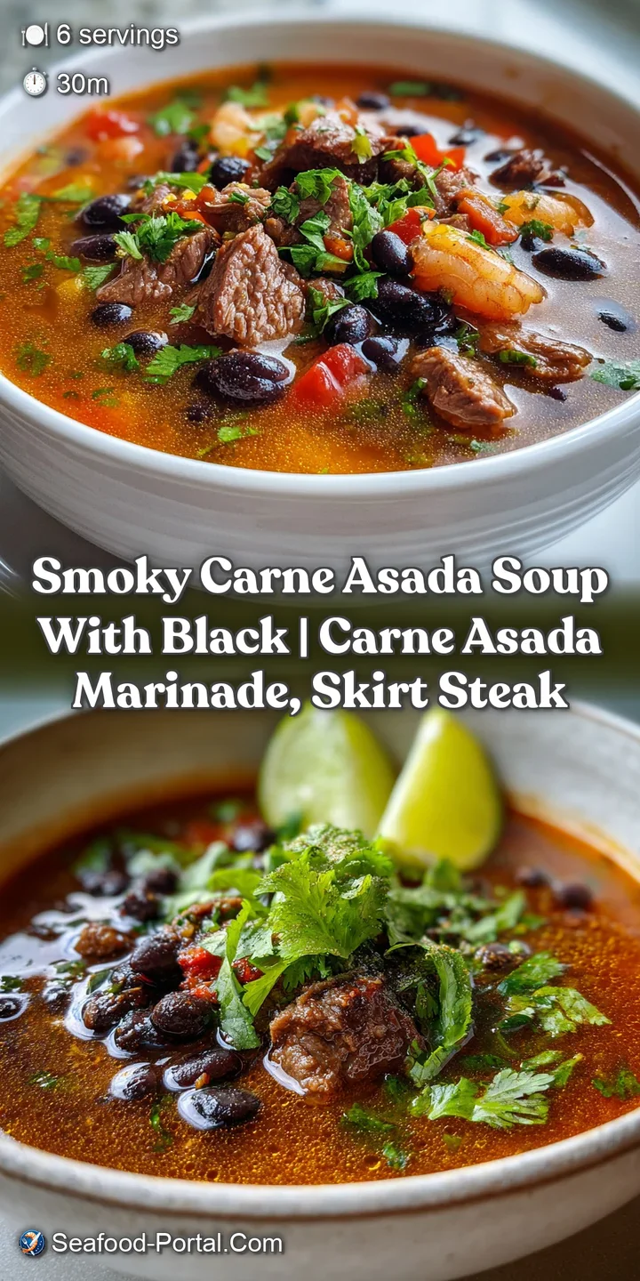 Close-up of a spoonful of carne asada soup, showcasing tender beef, plump black beans, and sweet corn. The warm broth stea...